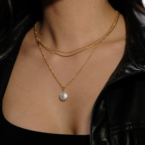 "Stone" Coin Pearl Pendant Adjustable Necklace